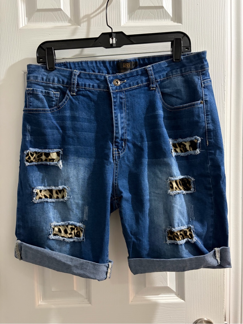L&B Blue Distressed Denim Shorts with Leopard Trim